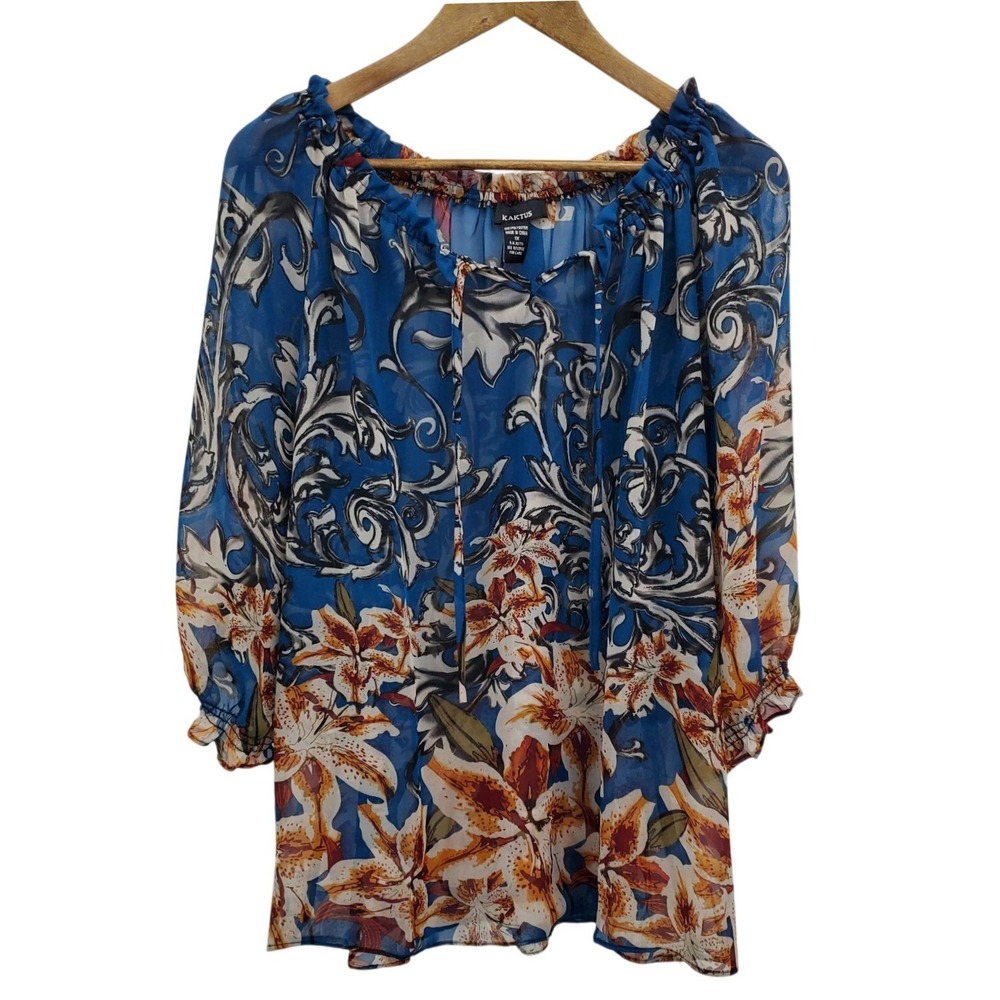 KAKTUS Womens Floral Boho Peasant Top Blouse Plus Size 1X Blue Orange 3/4 Sleeve